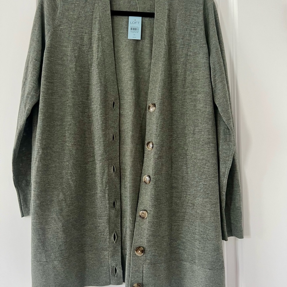LOFT Green Cardigan Sweater Lightweight Knit